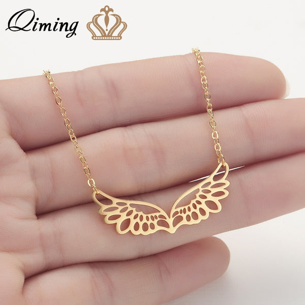 QIMING Angel Wings Necklace For Women Hollow Style Double Wings Guardian Gold Silver Jewelry Accessories Chain Necklaces