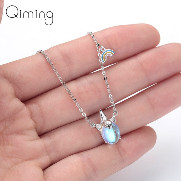Stainless Steel CZ Stone Unicorn Necklace Luxury Crystal Statement Jewelry Women Female Baby Silver Pendant Necklaces Dropship