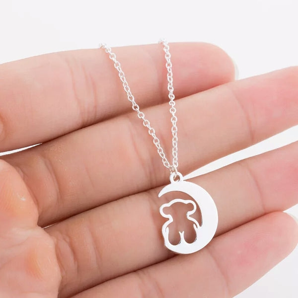 Stainless Steel Moon Bear Necklace Jewelry Women Fashion Animal Necklace Party Accessories Mama Bear Gift