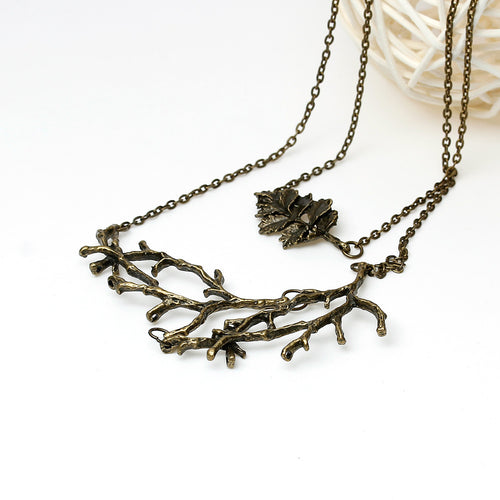 Doreen Box Handmade autumn Vintage Leaf Branch Necklace long woman antique bronze chain charm necklace Jewelry Christmas gift