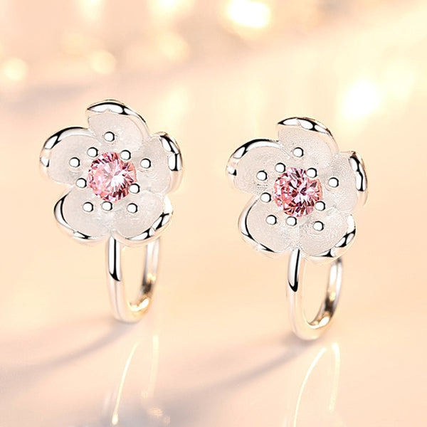 2019 Minimal Solid 925 Sterling Silver Sakura Earrings Jackets Pink Purple Cubic Zirconia Cherry Flower Earnings Girls SE028
