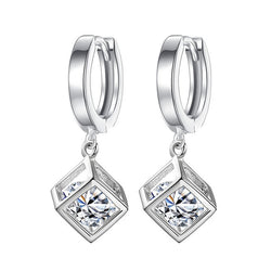 Minimalist Real Pure 925 Sterling Silver 3D Cube Earrings Hoop Female Crystal Geometric Hanging Earnings Girls SE056